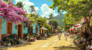 Village créole authentique de Martinique avec maisons colorées et paysages tropicaux