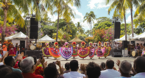 Festivités culturelles colorées en Martinique avec danseurs et musiciens