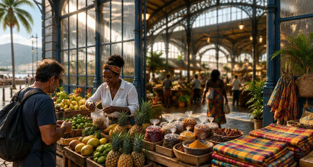 Marché de fort de france martinique, hall historique, étals d’épices et fruits tropicaux