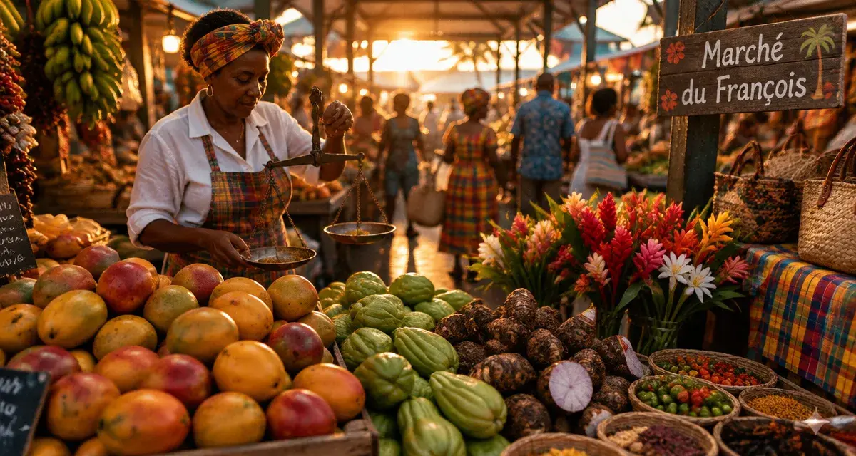 Plus beau marché martinique : marché du François, vue en plongée légère, fruits et vendeuse
